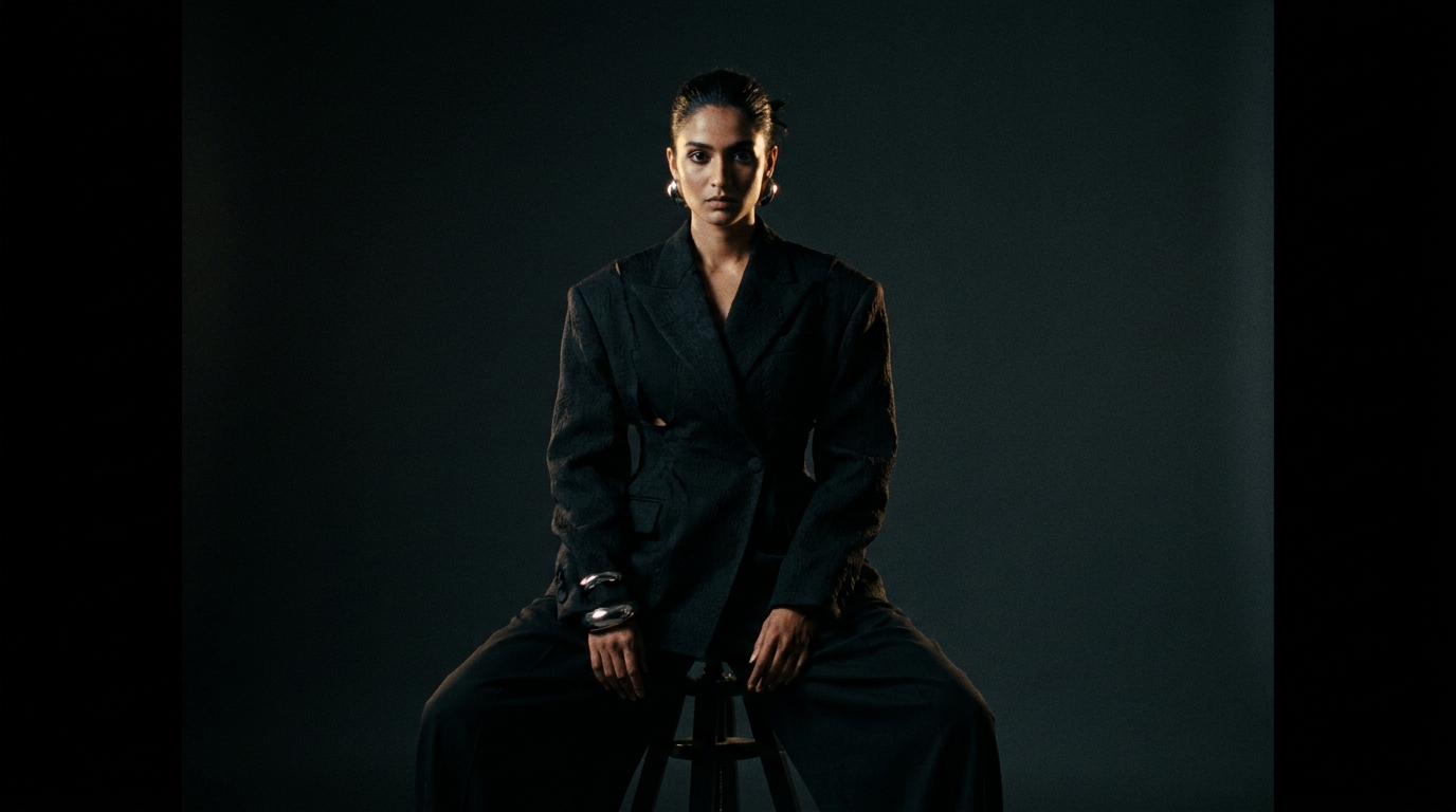 Fashion model in structured oversized black avant-garde tailored blazer and sculptural silver cuffs